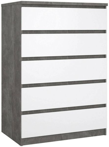 Dmora Kommode Ansel, Mehrzweckkommode, Schlafzimmerkommode, Schrank mit Schubladen, 77x50 h111 cm, Zement und Glänzendes Weiß