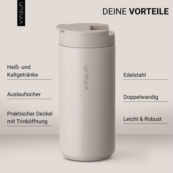 Vinsun Thermobecher Edelstahl Isolierbecher 350ml - Kaffeebecher doppelwandig isoliert, 2-tlg, Edelstahl, BPA frei, auslaufsicher, bruchfest, Kalt- und Heißgetränke