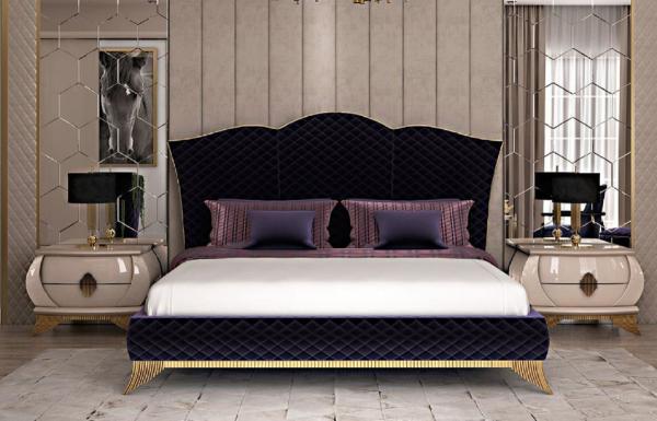 Casa Padrino Luxus Art Deco Schlafzimmer Set Lila / Cremefarben / Gold - 1 Doppelbett mit Kopfteil & 2 Nachttische - Art Deco Schlafzimmer & Hotel Möbel - Luxus Kollektion