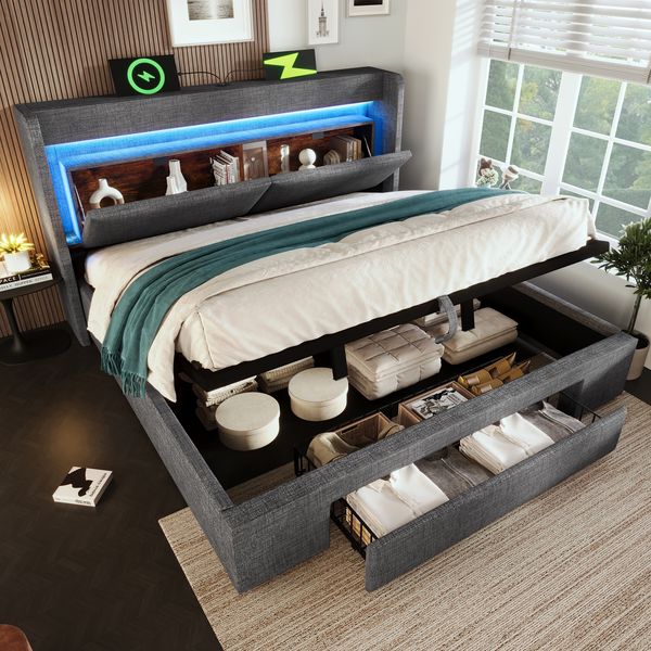 Merax Polsterbett 160x200 cm Doppelbett, mit hydraulischem Stauraum und Kopfteil mit Aufbewahrungsfach, LED-Beleuchtung sowie USB & USB-C Anschluss, Leinen, Grau