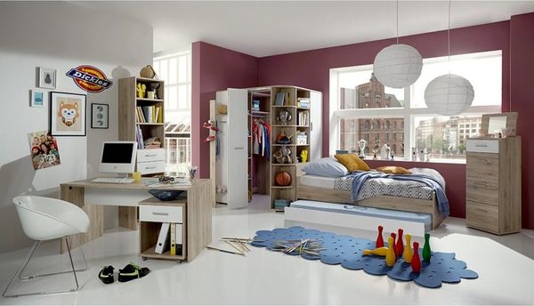 Lomadox Jugendzimmer-Set JOHANNESBURG-43, (Sparset, 8-tlg), San Remo Eiche Nb. und weiß, begehbarer beleuchteter Eckkleiderschrank