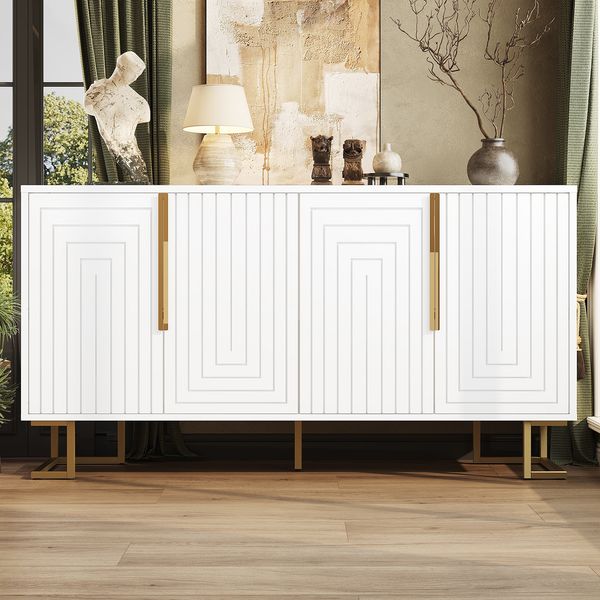 Sideboard 152×40×75 cm, Weiß, Küchenschrank mit Metallbeinen, Kippsicherung, goldfarbene Griffe, Stauraum 4 Ablagen, 75cmx152cmx40cm