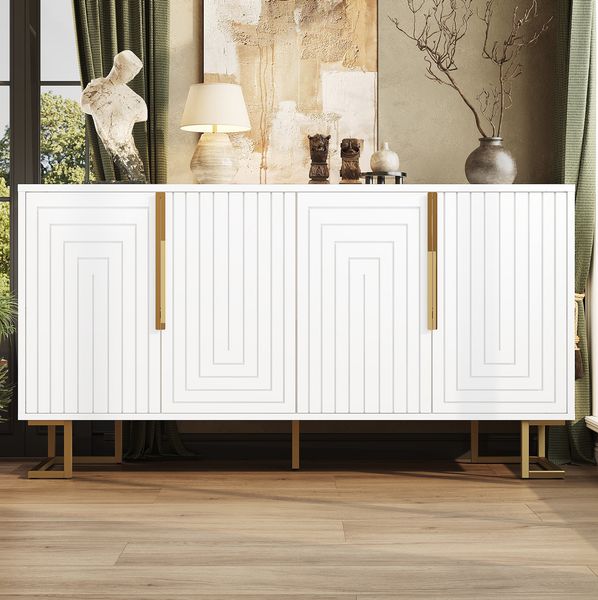 Sideboard 152×40×75 cm, Weiß, Küchenschrank mit Metallbeinen, Kippsicherung, goldfarbene Griffe, Stauraum 4 Ablagen, 75cmx152cmx40cm