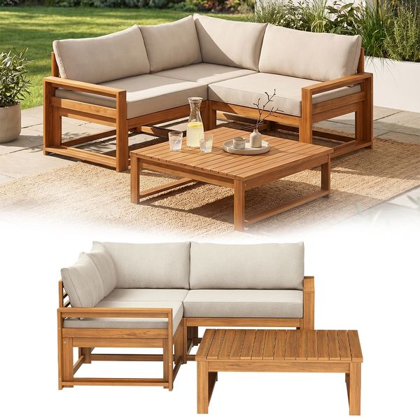 STEELSØN 'Mizaru' Premium Gartenlounge, Gartenmöbel Set mit Tisch, taupe, Akazienholz, wetterfest und UV-beständig, Outdoor Ecksofa mit 2 Sitzen