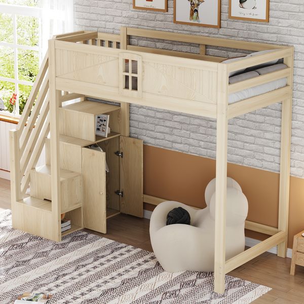 Hochbett 90x200 cm aus Holzmaterial mit Sicherheitszaun, Fensterdesign, auswechselbarer Leiter und Stauraum