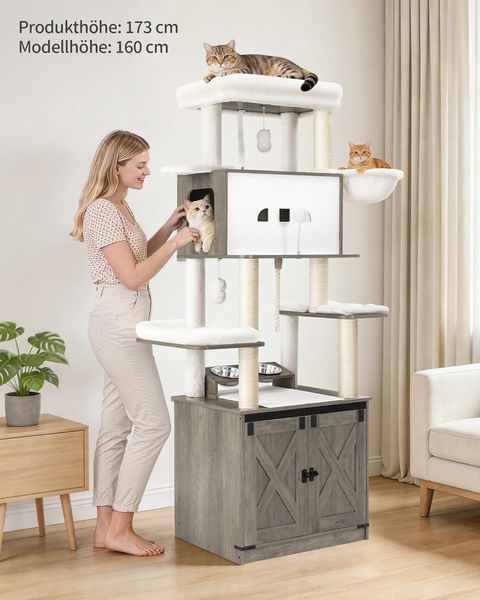 Kratzbaum, Katzenbaum mit Katzenklo Schrank, Futterstation, 173 cm Hoch, mit Großer Plattform, Sisalseil, Hängematte, Waschbares Kissen, Plüschbälle, Greige