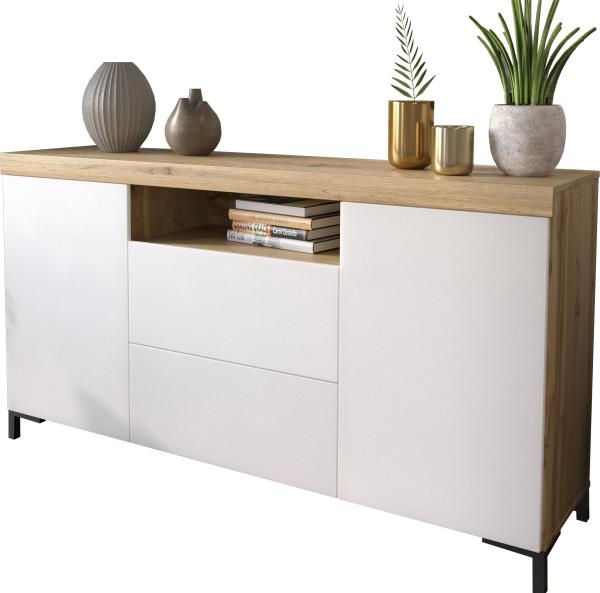 Domando Sideboard Ravello M2 Modern für Wohnzimmer Breite 164cm, Push-to-open-System, hohe schwarze Füße in Wotan Eiche und Weiß Matt