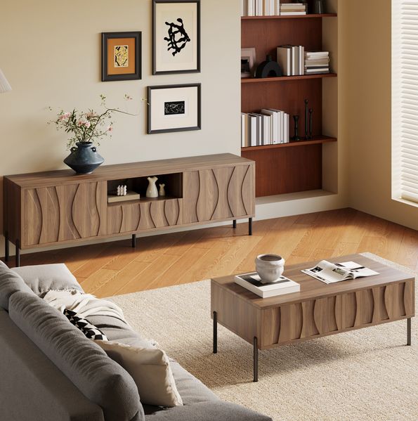 Couchtisch- & TV-Möbel-Set, MDF mit Wellenmuster & Stauraum, 160x35x46 cm + 105x55x41 cm, Natur