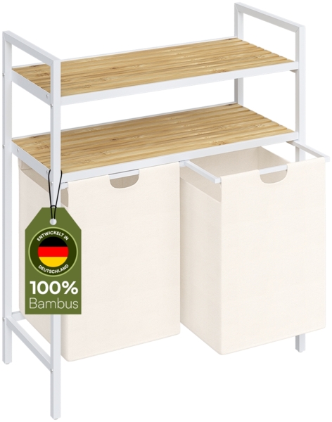 STEELSØN 'Rigil' Wäschesammler, weiß, Wäschekorb inkl. 2 Wäschesäcke je 45 Liter aus Oxford-Gewebe, ausziehbar, Wäschebox mit 2 Bambus-Ablageflächen