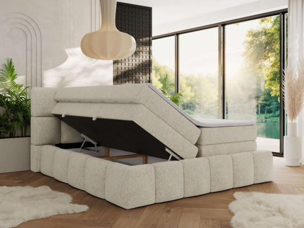 Boxspringbett NIRA KING, Doppelbett mit Fußteil, 7-Zonen Multipocket-Matratzen und Topper, Schlafzimmerbett - 200 x 200 cm - Creme Struktur - H3 Bild 3