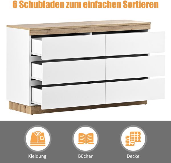 Merax Kommode mit 6 Schubladen, Schließfach, Funktion von Aufbewahrung, weiß+oak Bild 6