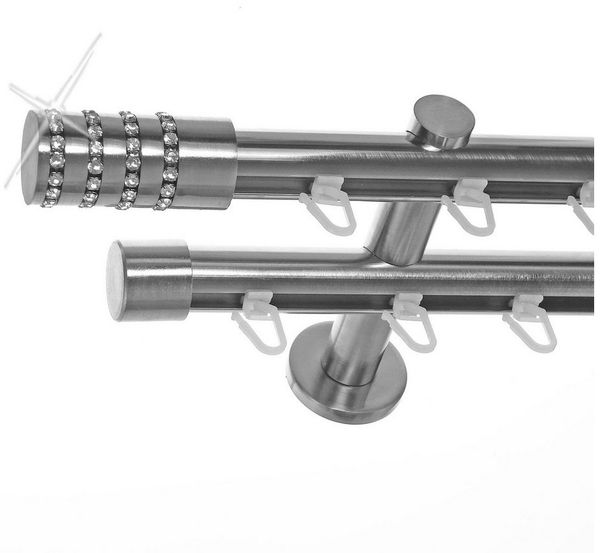 BASIT Gardinenstange Innenlauf Edelstahloptik 20mm mit Wandträgern 120 cm E39, Ø 20 mm, 2-läufig, verschraubt, Aluminium, H40 120 cm E39 Zylinder mit Kristall