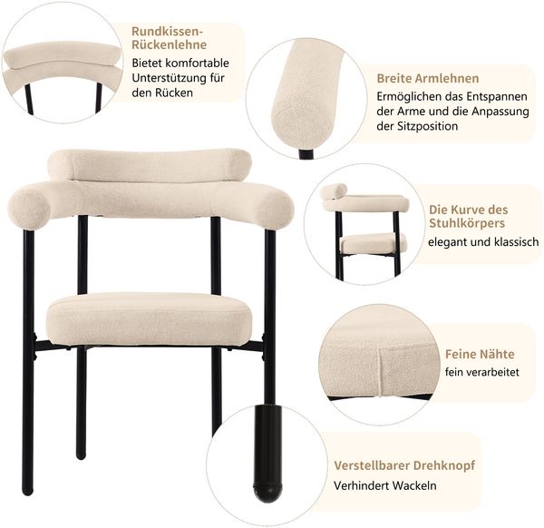 Polstersessel Samt Breiter Sitz 70x62 cm Ergonomisch Metallgestell Beige Esszimmerstuhl Loungesessel Home Office Sessel 150kg belastbar Bild 2