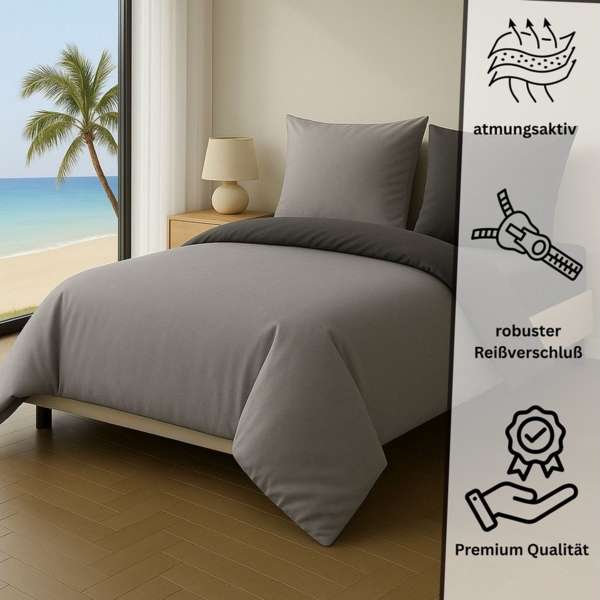 Leonado Vicenti Bettwäsche Luxus Satin-Bettwäsche aus 100 % Baumwolle, Satin, 2 teilig, Wendebettwäsche, hochwertig, dezenter Glanz, Unifarben, Anthrazit Bild 3