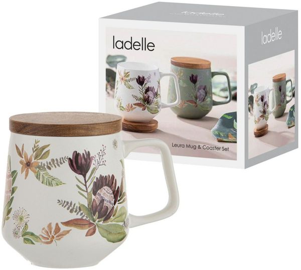 Ladelle Becher Leura Becher- & Untersetzerset cremeweiß, Porzellan / Akazie