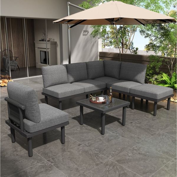 STILVORA Gartenlounge-Set 6er-Set Gartenmöbel Set Outdoor Sitzgruppe mit Sofa und Glas Tisch, (Outdoor Loungeset mit aller Sitz- und Rückenkissen, verstellbare Füße glatte Glastischplatte), mit abnehmbarer und waschbarer Stoffbezug