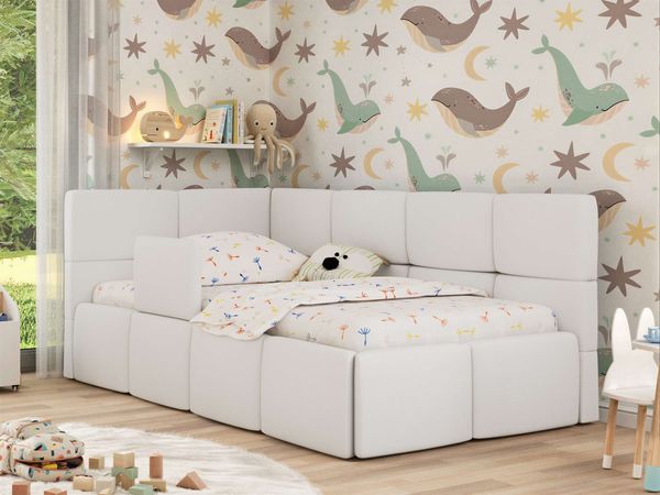Jugendbett, Kinderbett mit Kopfteil ARVO ALTA 90x200 cm, Polsterbett mit Stauraum, hoher Schlafkomfort - Weiß Kunstleder - Links - VIRE LUX