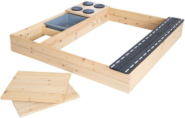 roba Sandkasten Street & Play aus Holz - Design mit Straße, Kochplatte, Spielwanne - Sandkiste groß mit Abdeckungen aus wetterfestem Holz - Natur / Schwarz