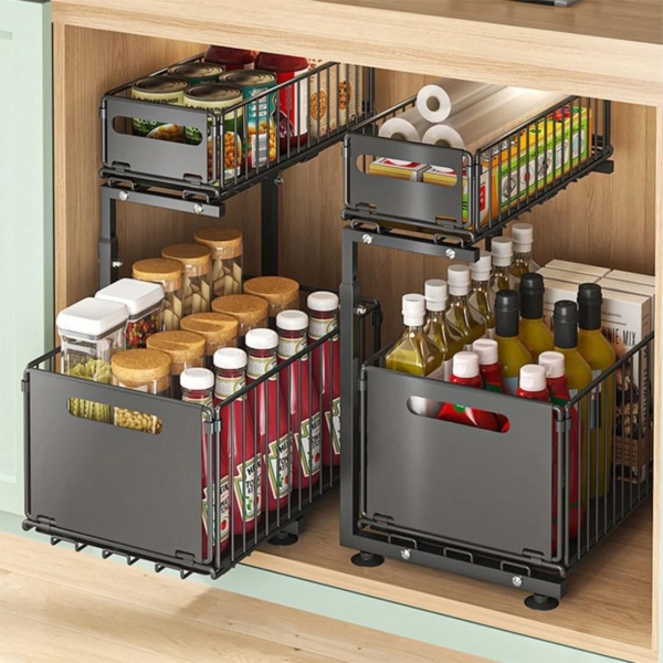 STILVORA Küchenorganizer-Set Bewegliches Eckregal Küche Standregal Gewürzregal Spülschrank Regal, (2 Etagen Küche Schrank Organizer mit Schublade, verstellbare Höhe Anti Rutsch Gewürzregal Küchenhelfer), Desktop ausziehbarer Aufbewahrungskorb für Zuhau... Bild 3
