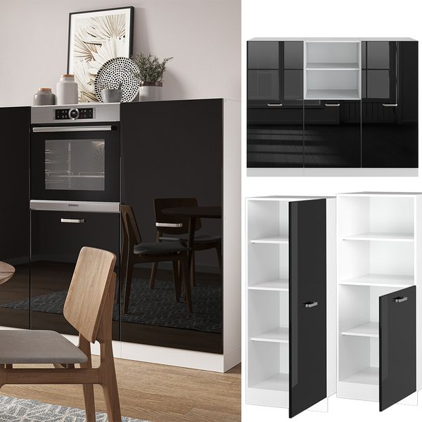 Einbauküche R-Line Schwarz Hochglanz/Weiß 180 cm ohne Arbeitsplatte Vicco Bild 2