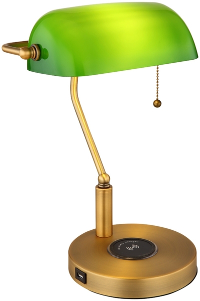 LED Tischleuchte, Bankerlampe, messing, Glas grün, H 36 cm