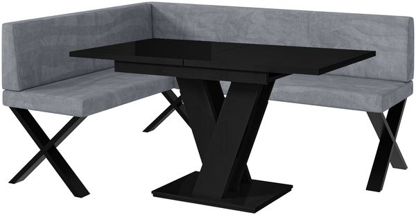 MEBLINI Eckbank für Esszimmer mit ausziehbarem Tisch - Küchenbank - Essecke - Sitzecke Küche - TONI - X-Beine 128x168x87cm Links - Grau Samt/M Schwarz Hochgl.