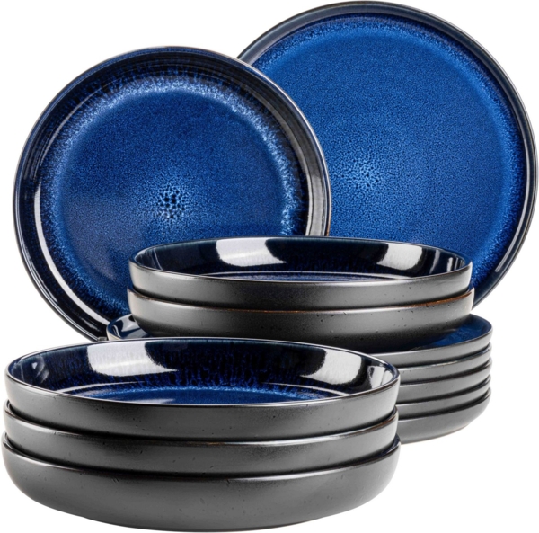 Modernes Teller Set für 6 Personen in aufregendem Vintage Look, 12-teiliges Tafelservice aus Keramik in Blau und Schwarz