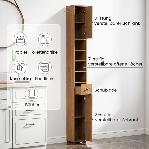 COSTWAY Hochschrank Badschrank schmal, verstellbaren Regal, 20x20x180cm, Weiß