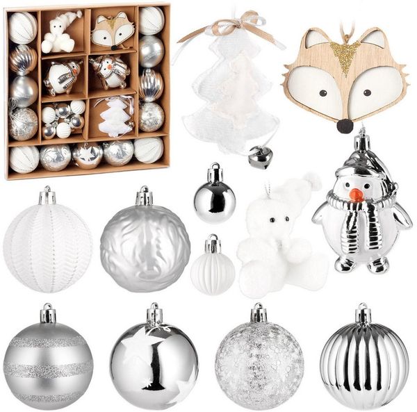 BRUBAKER Weihnachtsbaumkugel 24 Stück Christbaumschmuck mit Pinguinen, Eisbär und Fuchs Anhängern (24 St), Weihnachtskugel Set Silber und Weiß - winterliche Baumschmuck