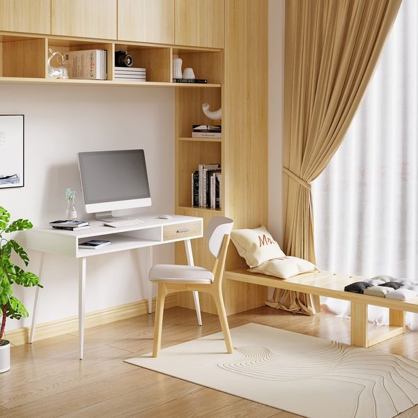 WOLTU Schreibtisch mit Schublade & Ablagefach - Weiß Computertisch für Homeoffice/Studium/Schlafzimmer - 110 x 50 x 75 cm - Holzplatte & Stahlgestell