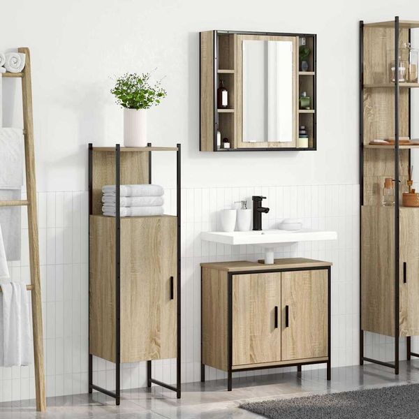 vidaXL Badezimmermöbel-Set mit Regal mit Tür 3 pcs Braun Holzwerkstoff 3345150
