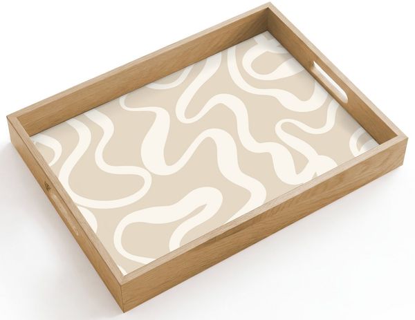 OnlyWow Tablett Rechteckig mit Henkel Linien - Abstrakt - Beige - Weiß - Minimalistisc, Eichenholz, (1-tlg), Siervierplatte, Tray, Frühstücksbrett