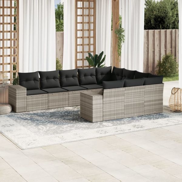 vidaXL 10-tlg. Garten-Sofagarnitur mit Kissen Hellgrau Poly Rattan 3223091