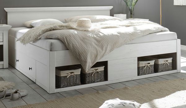 Furn. Design Stauraumbett Hooge (Doppelbett in Pinie weiß Dekor, Liegefläche 180x200 cm), inklusive 2x Bettschubkasten