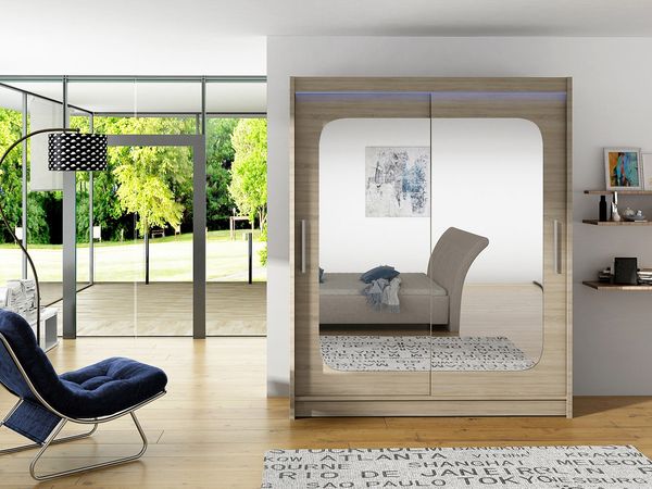Kleiderschrank Westa XII, mit RGB LED Beleuchtung, Farbe: Sonoma Eiche / Spiegel
