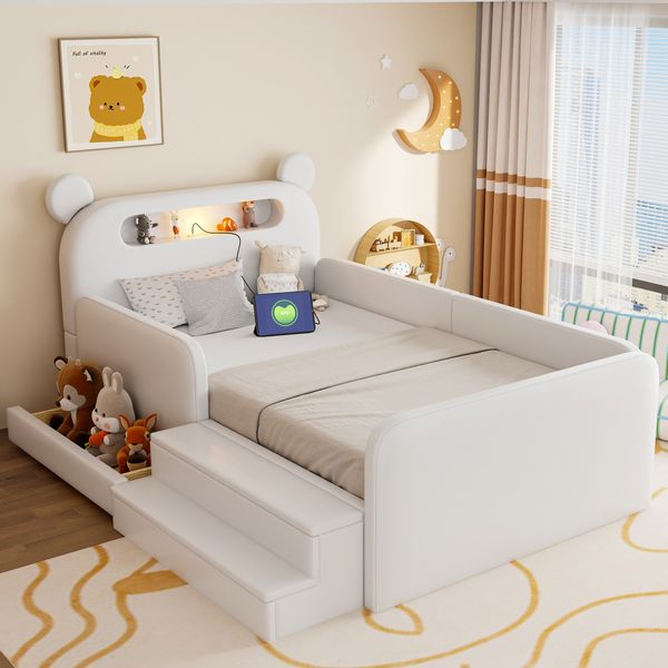 Merax Einzelbett, Kinderbett 90 x 200 cm, Jugendbett, Polsterbett mit Bären-Kopfteil, Nachtlicht, USB-Ladeanschluss, integriertem Stauraum und Stufensitz, Kunstlederbezug, Weiß