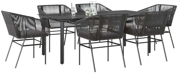 vidaXL 7-tlg. Garten-Essgruppe mit Kissen Schwarz Poly Rattan Glas 3334616