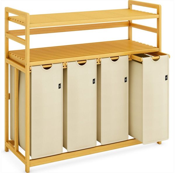 AdelDream Wäschekorb 200L Wäschesortierer mit Regalen 4 Fächer 2 Ablagen Wäschebox Bambus