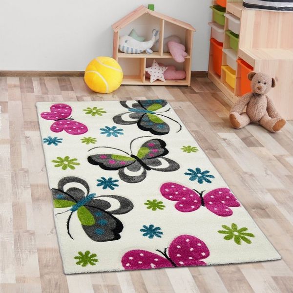 Carpetia Kinderteppich Farbenfroher Schmetterling-Teppich für Kinderzimmer in creme, rechteckig, Höhe: 13 mm