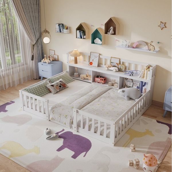 zebery Kinderbett Bodenbett Massivholzbett mit Sicherheitsgittern (Massivholz), Holzbett 140x200 cm,Mit Bücherregal,Weiß