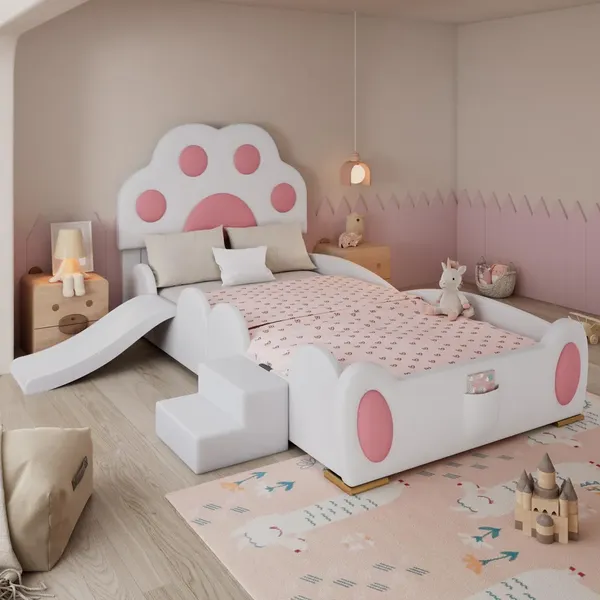 Kinderbett mit Rutsche, Treppe, gepolstertem Kopfteil und Rausfallschutz, 90x200cm, Einzelbett Polsterbett, Kunstleder