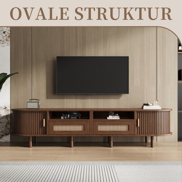 SeedWave Lowboard Ovaler TV Schrank mit 2 Schiebetüren, Schubladen mit Rattanfront, Fernsehschrank mit 8 Massiveholzfüßen, Rückprallvorrichtung