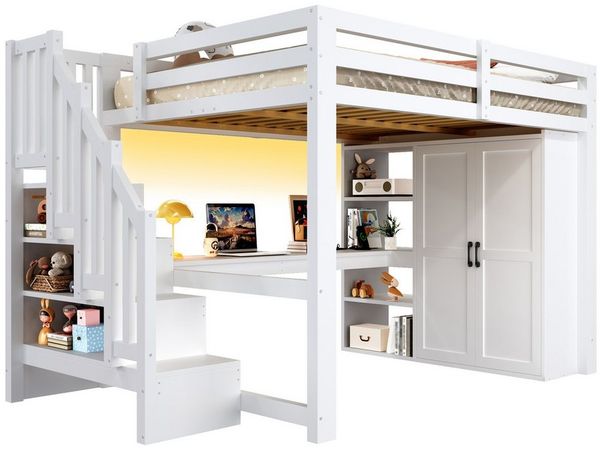 REDOM Hochbett Kinderbett,Stauraumbett (mit Schreibtisch, Regal, Kleiderschrank und LED-Beleuchtung in Weiß, 1-St, 252.5 x 144.5x 170)