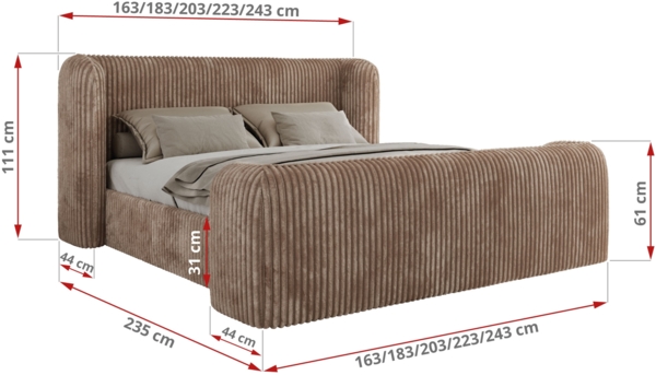 Polsterbett mit Lattenrost, Doppelbett für Schlafzimmer, Gepolstertes Kopfteil, Foam matratze, Härtegrad H2 - EMORA CLASSIC DUO - 200 x 200 cm - Braun Cord - MIRO - LUX Bild 4