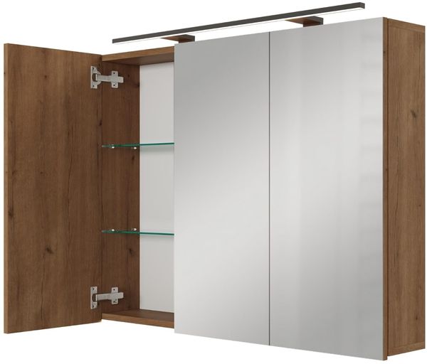 Planetmöbel ARIA Spiegelschrank Bad mit Beleuchtung 100 cm breit | Badschrank hängend mit Spiegel | Gold Eiche, mit Leuchte und Steckdose, Spiegelschrank Gäste WC 100 x 70 x 16 cm