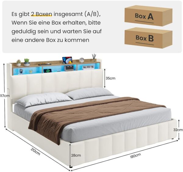 KIMENICH Polsterbett mit LED Beleuchtung und Ladefunktion (1-tlg, Ohne Matratze), Jugendbett Hydraulisches Stauraumbett, 180x200 cm
