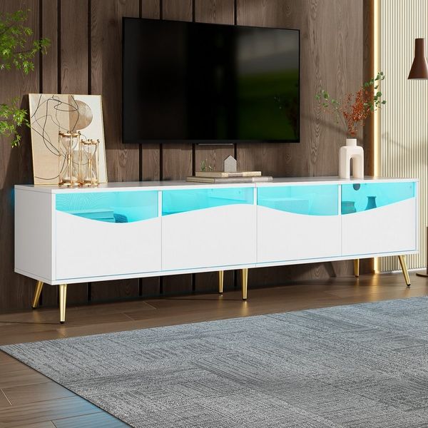 Merax Lowboard mit LED und Bluetooth steuerbar (1 St, 180 x 40 x 50 cm), TV-Schrank Fernsehtisch mit Glasfront und goldene Metallfüße