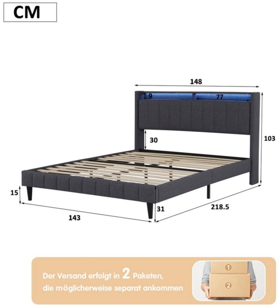 Furnishings Home Polsterbett Stauraumbett Doppelbett mit Ladefunktion (6000-farbigen variablen LED-Leuchten), Mit USB + Steckdosen, Lattenrost, Leinen, 160x200 cm Bild 2