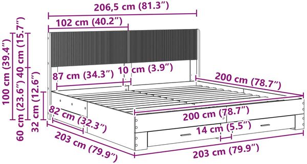 vidaXL Bettgestell mit Stauraum und Kopfteil Betongrau Holzwerkstoff 3414434 Bild 11