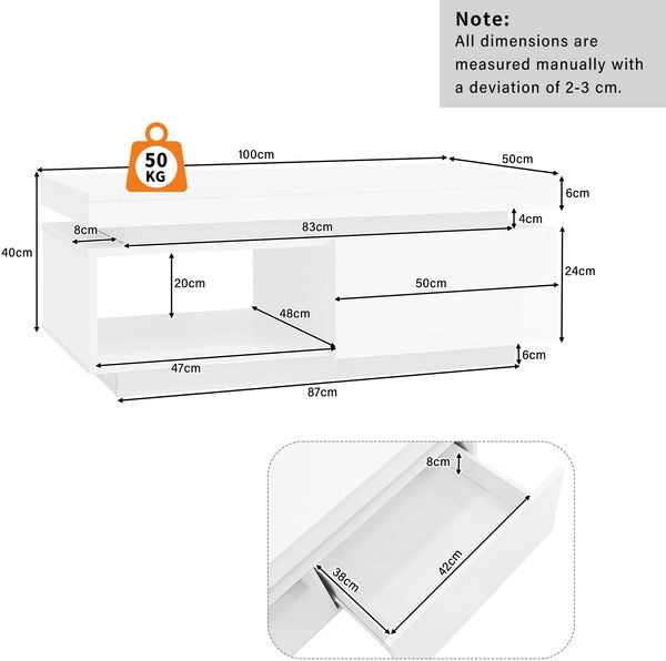 Wohnzimmer-Set aus TV-Schrank und Couchtisch, Hochglanz mit LED, 181x38x38 cm & 100x50x40,3 cm, Weiß Bild 3